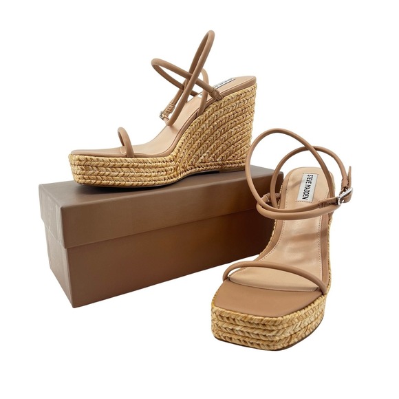 Steve Madden Tan Raffia Wedge Sandals Strappy Espadrille Platform Size 9 NWOB - Picture 2 of 11